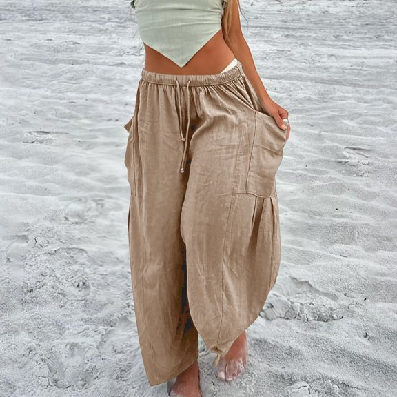 Wycnly Pants for Women Womens Drawstring Elastic Waist Trousers Casual Solid Plus Size Pleated Long Pants Fall Lightweight Comfy Straight Leg Pants with Pockets Under $5