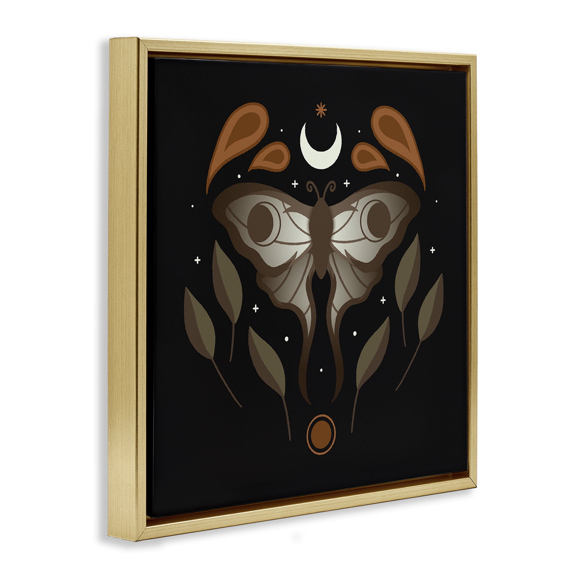 Stupell Industries Celestial Moth & Leaf Sprigs Animals Painting Gold Floater Framed Canvas Art Print Wall Art, 18 x 18