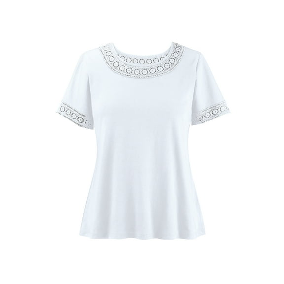 Collections Etc Flattering Crochet Lace Trim Short Sleeve Cotton Tee