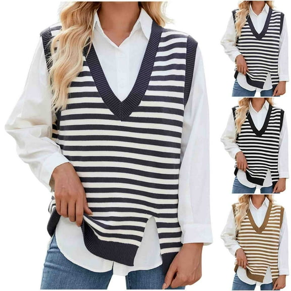 Olyvenn Sweater Vest for Women Split Hem Casual Striped V Neck Sleeveless Knitted Loose Pullover Sweaters Tops Black M