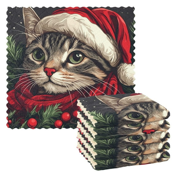 WOBOGO Red Hat Christmas Cat Kitchen Towels 6pcs Ultra Soft Absorbent Quick Drying Dish Cloths 11×11inch