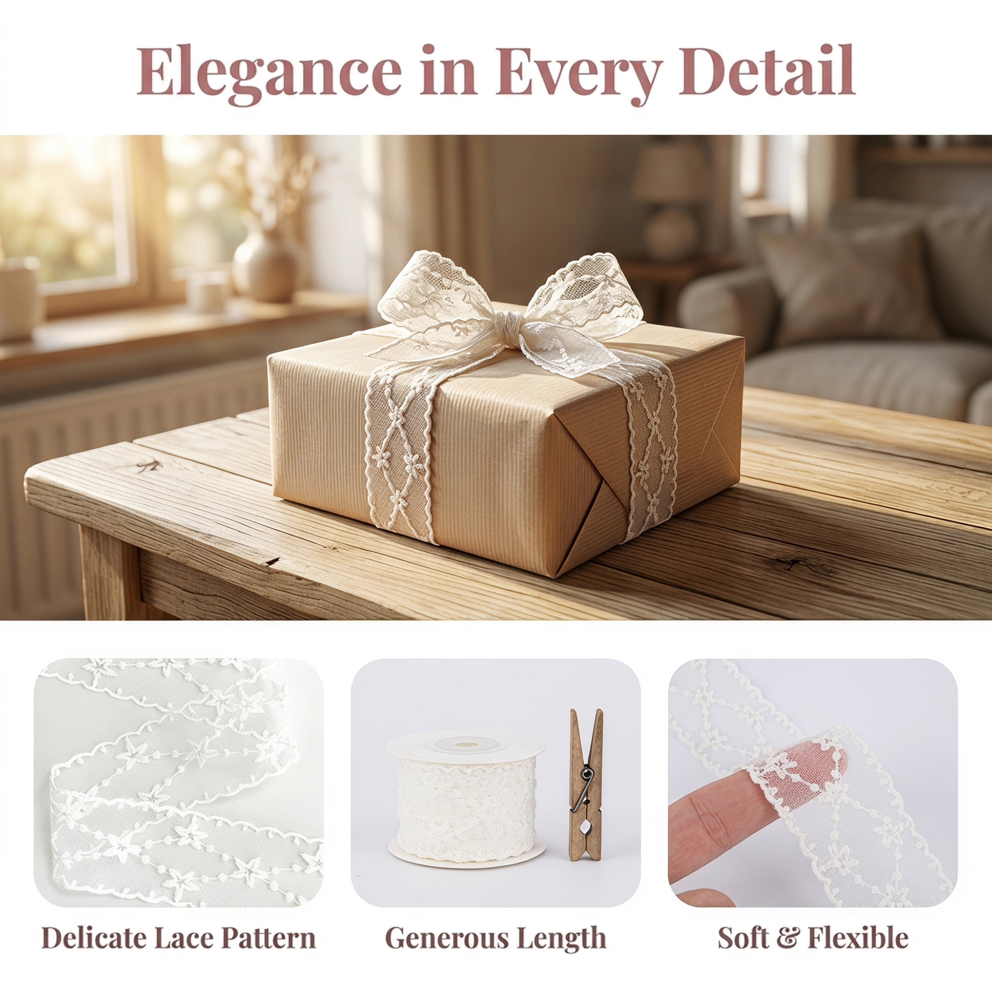 Unique Bargains Vintage Embroidered Lace Trim Gift Wrap Ribbons White 4.9 Yard