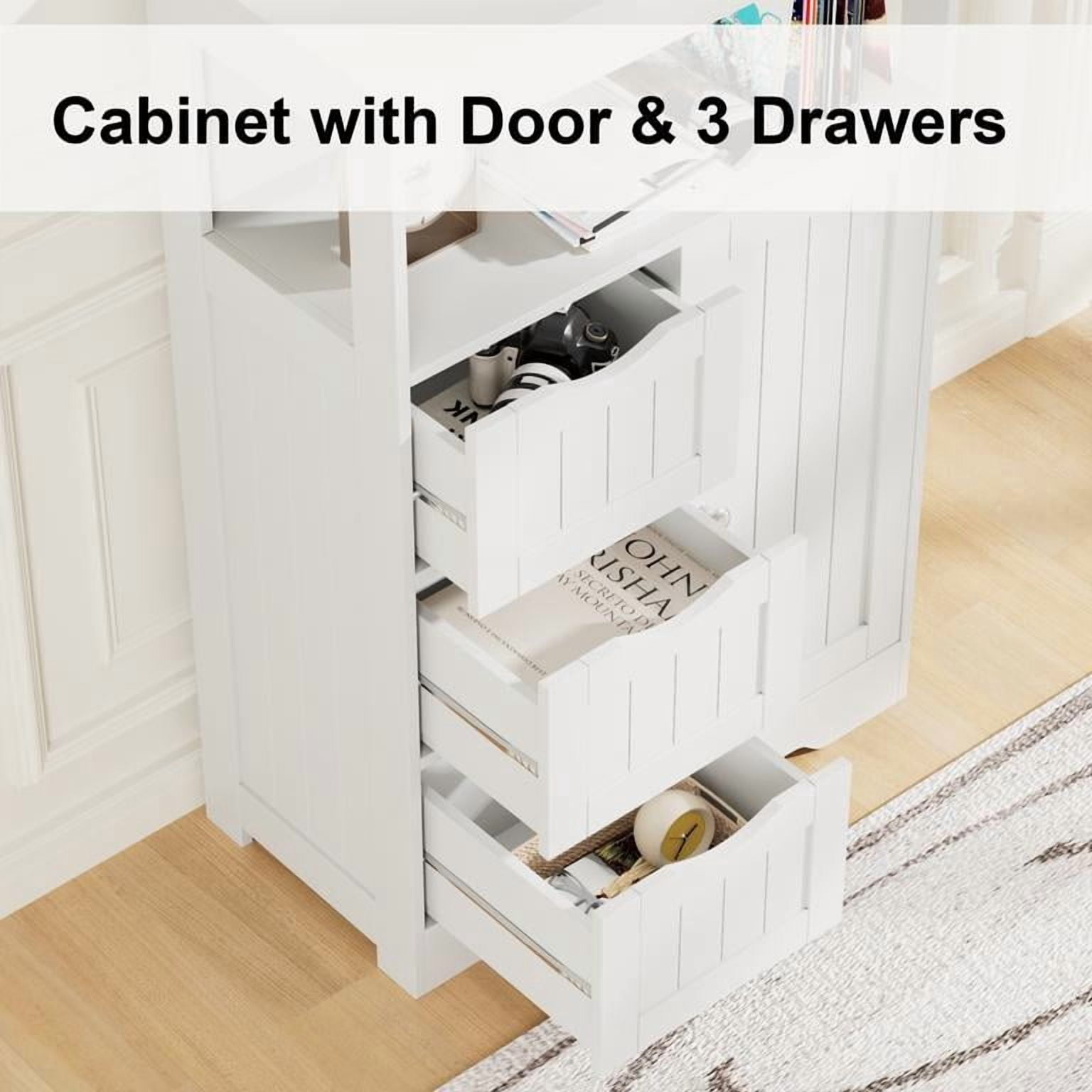 Lacoo Bathroom Cabinet Wooden Storage Organizer with 1 Door, 3 Drawers & Adjustable Shelf Storage Cabinet for Kitchen Living Room Bathroom, White