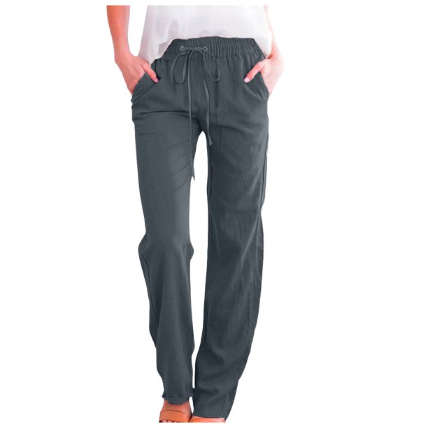 Pantalones de mujer de cintura alta y pierna ancha con cordón elástico - Poliéster, estilo informal, bolsillos - S-XXL