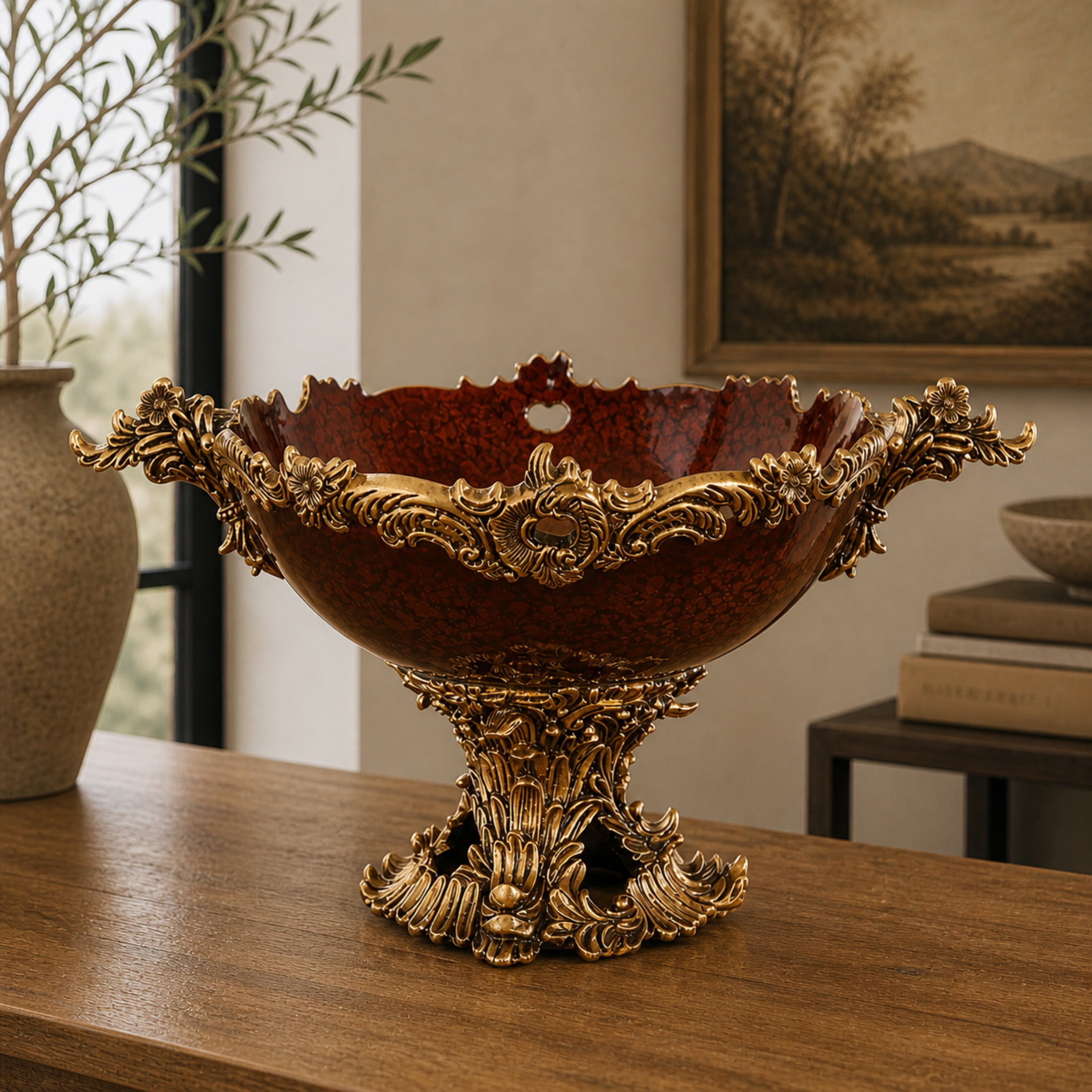 DecMode 14" Oval Intricately Carved Arabesque Leaf Gold Polystone Decorative Bowl