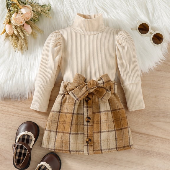 MEZZALL Autumn Winter Girls Outfits Two Piece High Neck Plaid Skirt Coordinated And Bottoms Fashion Ensemble For Toddler Youth Birthday Clothing Sets