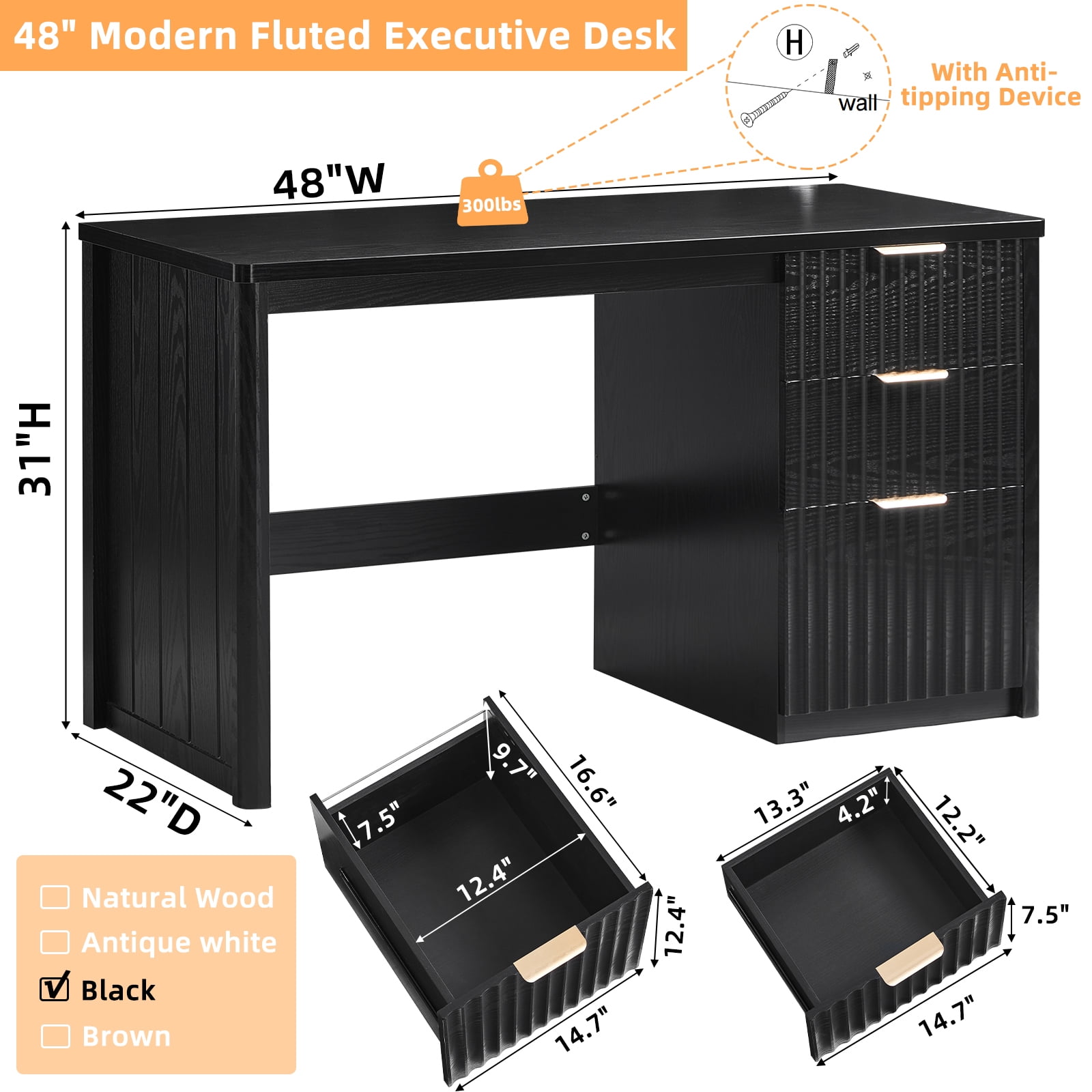 Joaxswe 48" Computer Desk with 3 Drawers, Fluted Wood Home Office Desk, Farmhouse PC Desk for Study, Bedroom, Black