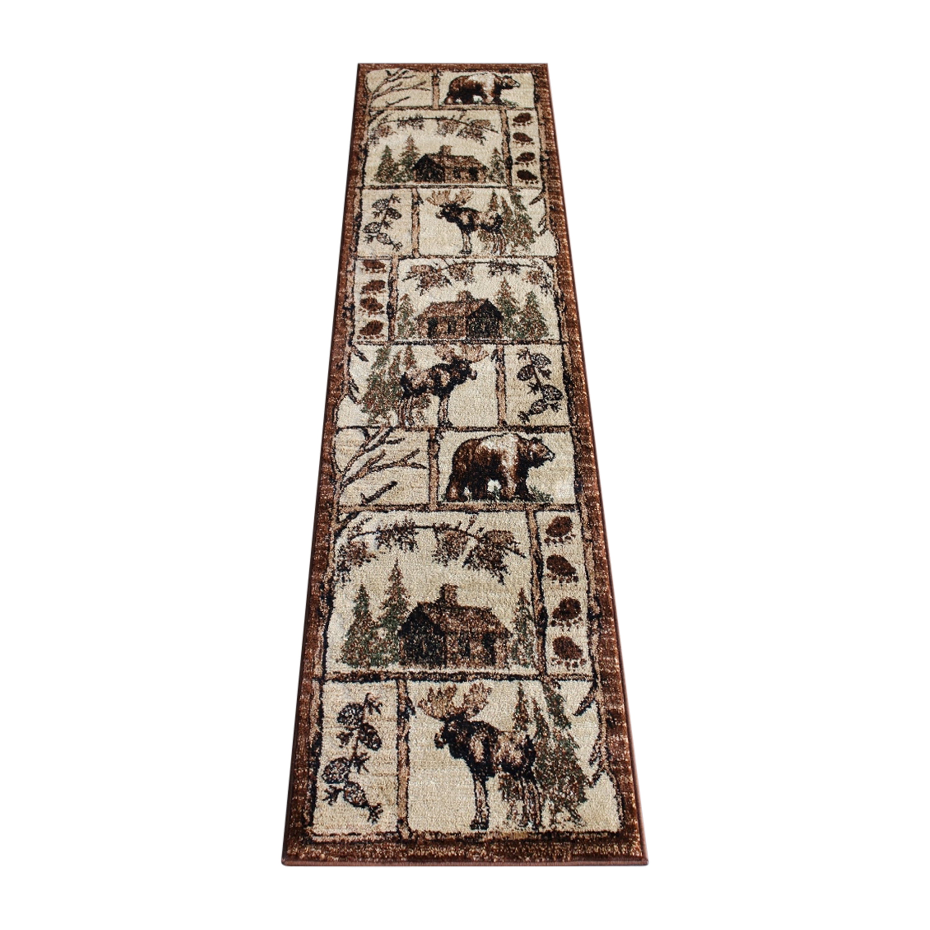 Emma + Oliver Rustic 2x7 Brown Plush Olefin Accent Rug with Bear, Moose and Cabin Motif and Natural Jute Backing