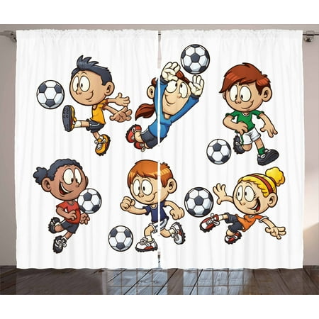 Soccer Curtains 2 Panels Set Children Cartoon Drawing Style Kids Playing Football Happy Moments Active Lifestyle Window Drapes For Living Room