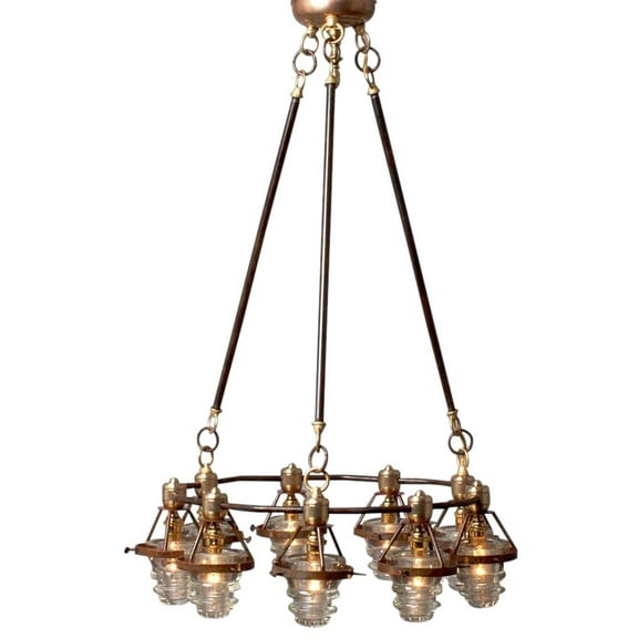 Round Chandelier with 9 Vintage Insulators, Blue or Clear, Artisan Made