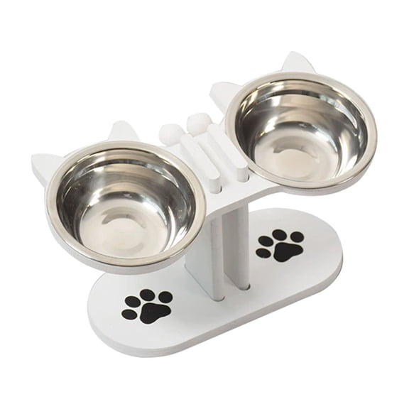 Adjustable Tilted Wooden Cat Bowl Stand Raised 2 Bowl Pet Feeder Stainless Steel Bowls Easy Clean Non Slip For Indoor Cats Dogs Pet Supplies 16.85x6.29x5.9in (Beige)