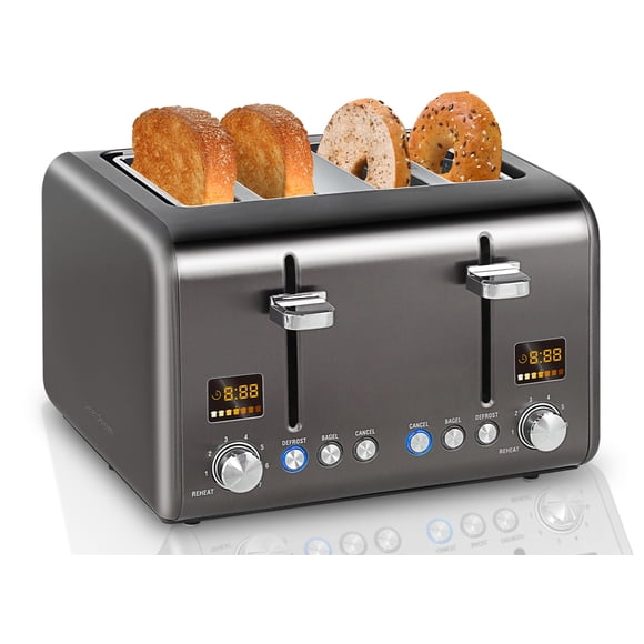 SEEDEEM Tostadora de 4 rebanadas, tostadora de pan de acero inoxidable, pantalla LCD a color, 7 configuraciones de pantalla de pan, tostadora con ranuras de 1.4 pulgadas de ancho con funciones de bage