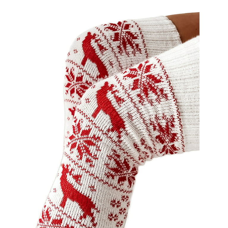 Nokiwiqis Women's Christmas Thigh High Socks, Snowflake Print Knit Stockings