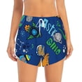 thumbnail image 3 of Honeii's Dinosaur In Space print a double-layered women's running short, ideal for gym, tennis, and various activities, complete with a practical pocket, 3 of 5