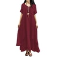 thumbnail image 1 of Nueva moda mujer vestido flojo ocasional del color sólido de manga corta boho summer maxi vestido la Tomshoo Borgoña 5X-Large, 1 of 7