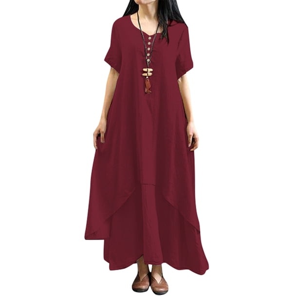 Nueva moda mujer vestido flojo ocasional del color sólido de manga corta boho summer maxi vestido la Tomshoo Borgoña 5X-Large