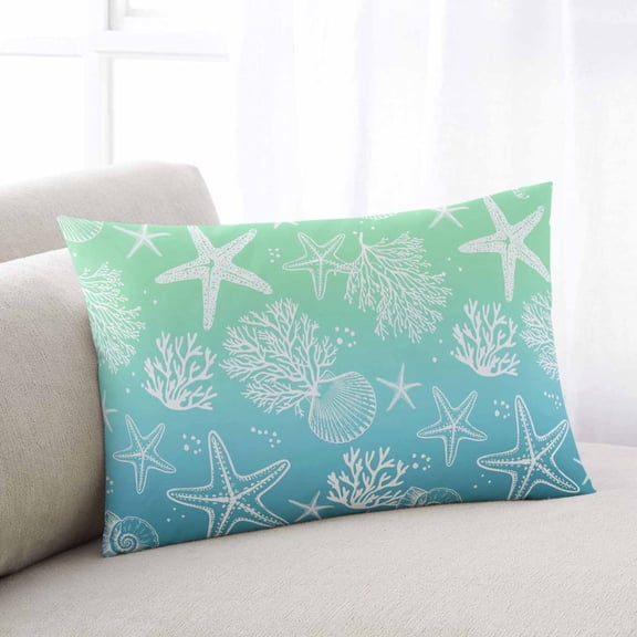 Teal Blue Ombre Coastal Throw Pillow Covers, Sea Nautical Summer Beach Starfish Coral Soft Breathable Pillow Cases with Invisible Zipper, Standard Pillowcases for Couch Bed Sofa Chair 20x26 Inches