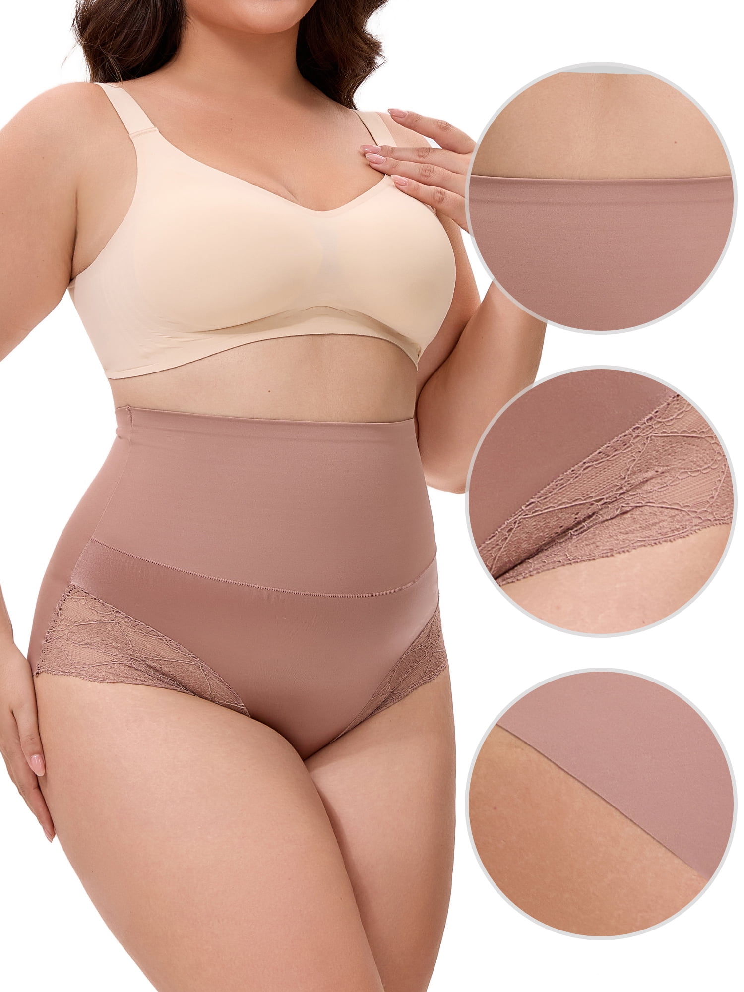 Unique Bargains Lace Trimmed High Waisted Tummy Briefs 3XL Coffee