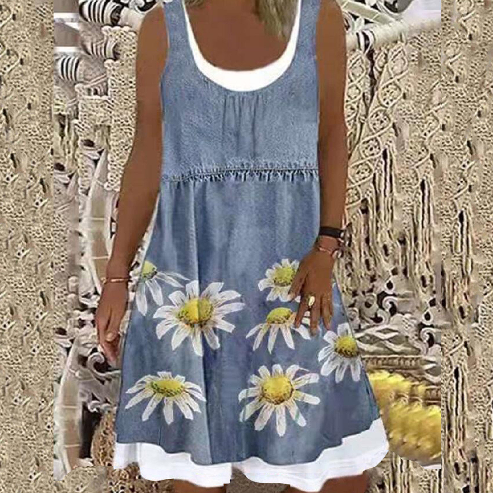 Womens Dresses Clearance under $20 Women'S Summer Fashion Casual Round Neck  Print Sleeveless Splicing Dress Light Blue M A20004 - Walmart.com