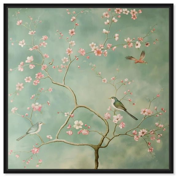 Nestled in Floral Tree Canvas Chinoiserie Art by Art Remedy, Black Frame, 12" x 12"