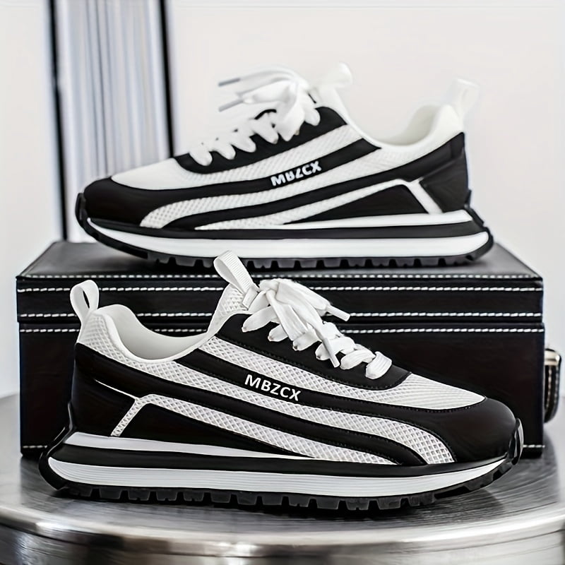 Men'S Casual Sneakers - Breathable Mesh & PU Upper, Teal/White Color-Blocking Design, Thickened PVC Non-Slip Sole, Daily Wear, Lace-Up Shoes, Fashionable Comfortable for All Seasons, Outdoor Hiking,