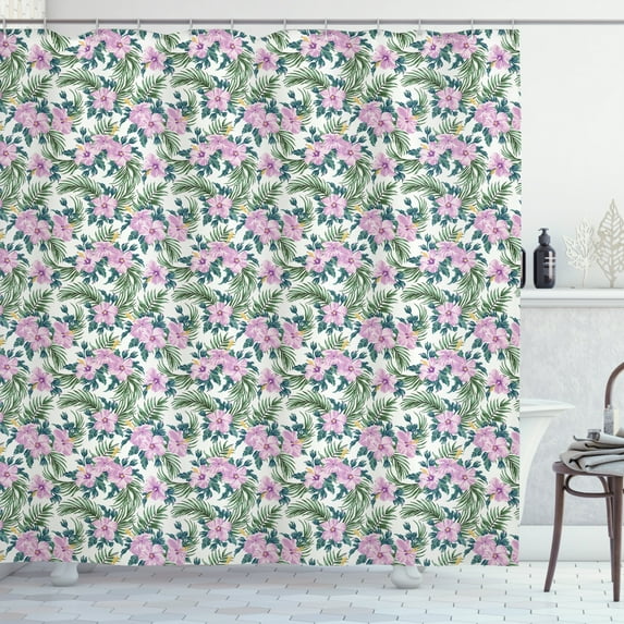 Tropical Shower Curtain, Watercolor Hibiscus Palm Pattern with Botanical Leaves Flowers Hawaii Vegetation, Fabric Bathroom Set with Hooks, 69W X 84L Inches Extra Long, Multicolor, by Ambesonne