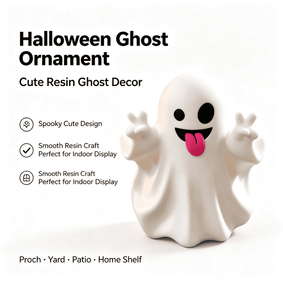 Tongue‑Out Ghost Figurine Resin Crafts Halloween Table Decor, 2.55×2.55 Inch Funny Peace Sign Ghost Mini Statue, Halloween Indoor Fall Autumn Home Shelf Mantel Ornament