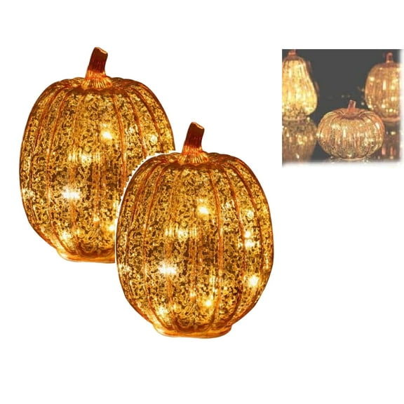 THOPBPRK Cherishous Twinkle LED Light Pumpkins, Mercury Glass Pumpkin Light with Timer for Halloween Pumpkin Decorations Fall and Thanksgiving Christmas Decor,Gold (A, 2 PACK)