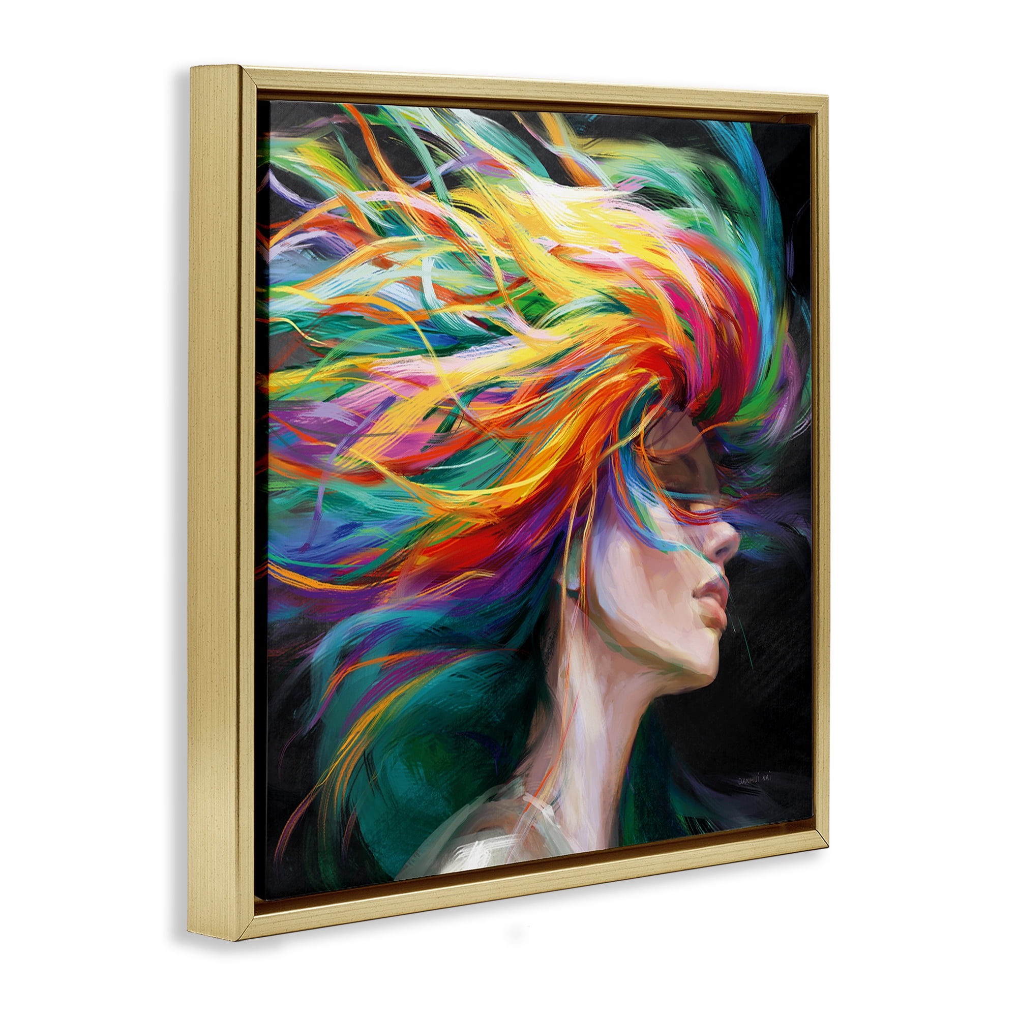 Stupell Industries Woman with Rainbow Hair People Painting Gold Floater Framed Canvas Art Print Wall Art, 25 x 25