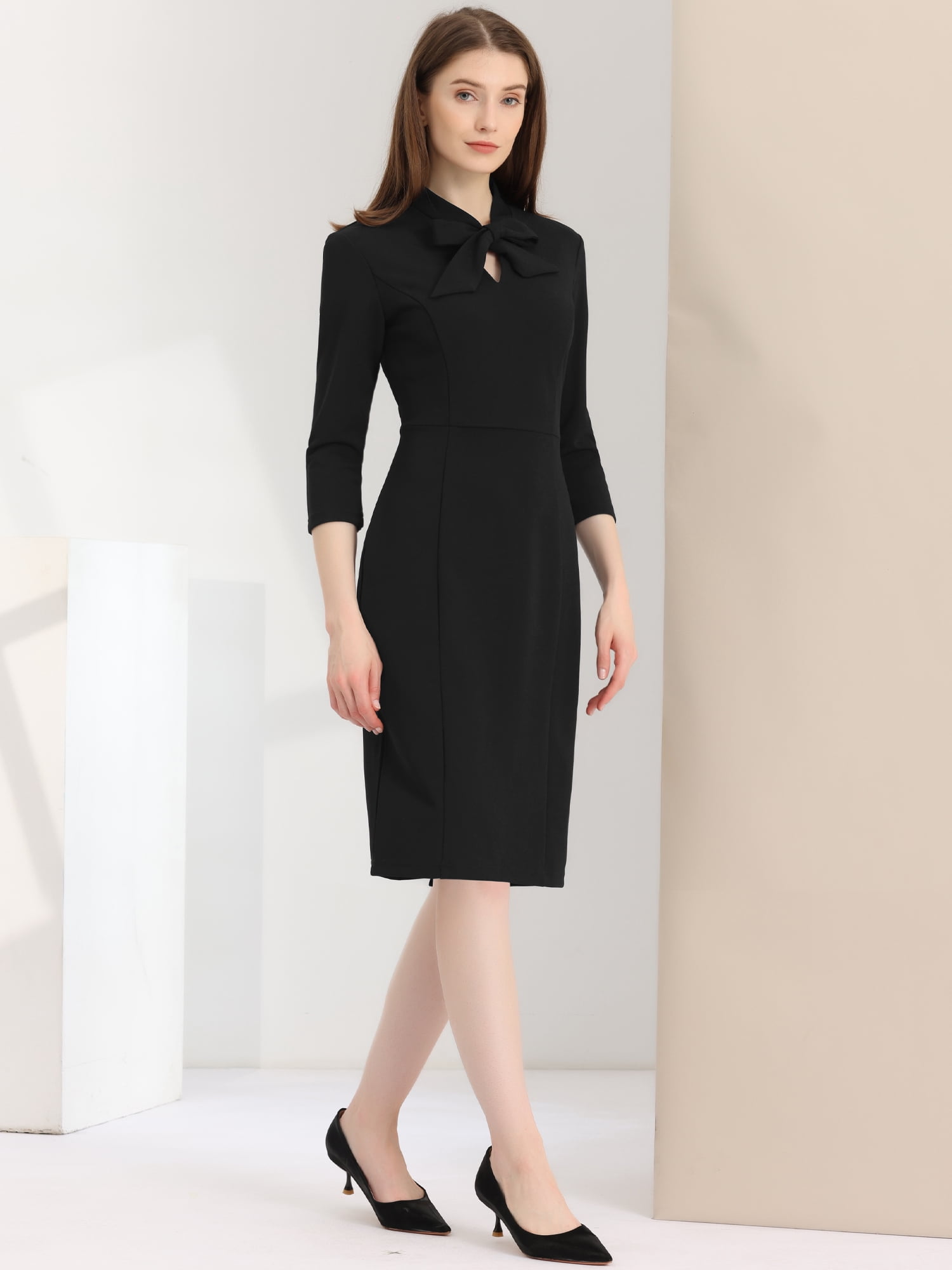 Unique Bargains Women's 3/4 Sleeve Knee Length Midi Work Bodycon Dress XL Black