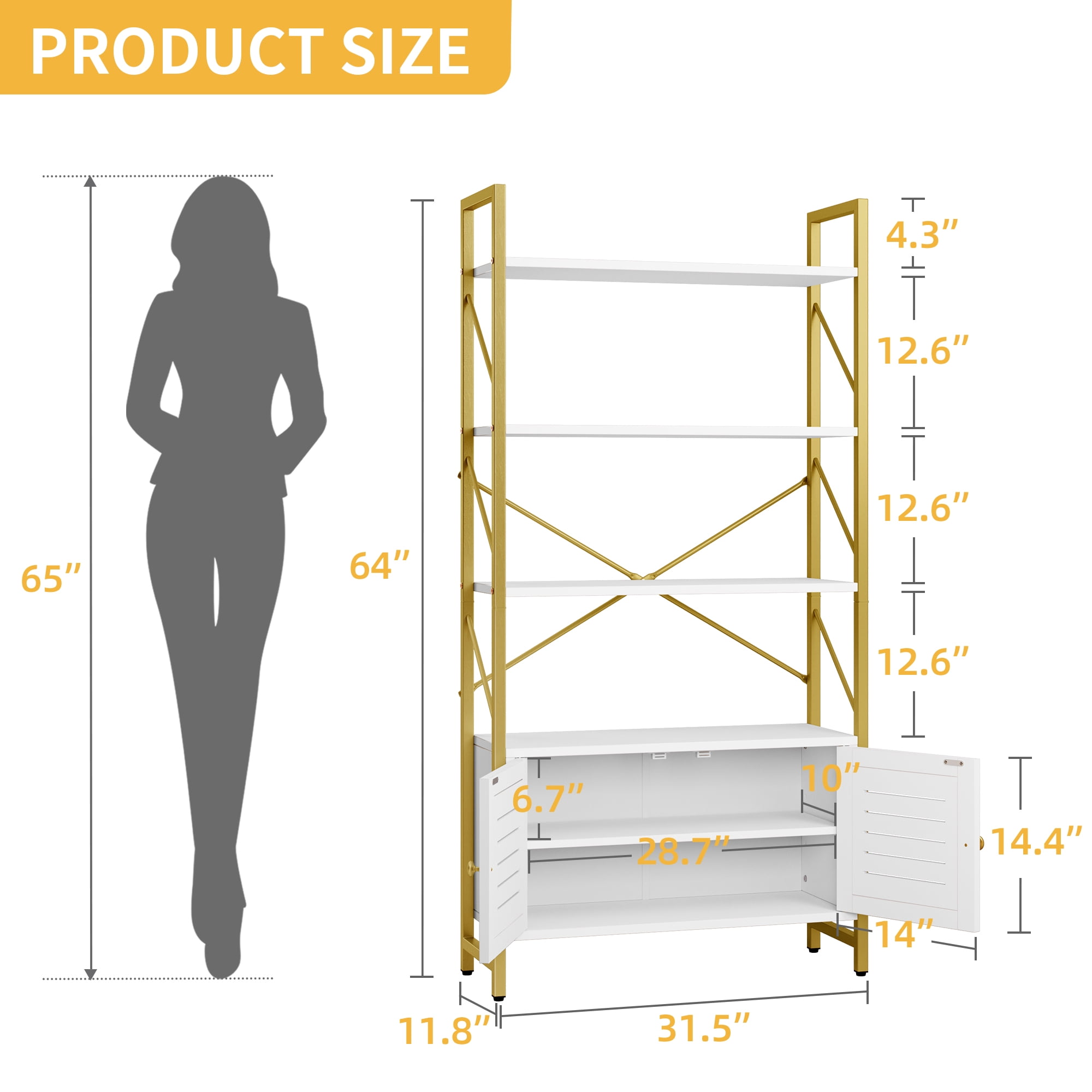Uforic 5 Tier Bookcase with Doors, Freestanding Bookshelf with Storage Cabinet for Home Office