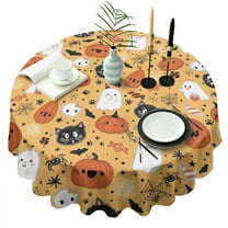 Cute Halloween Icons Pattern Round Tablecloth 60"x60",Wrinkle Wipeable Table Cloth for Kitchen Dining Room Picnic Patio Party