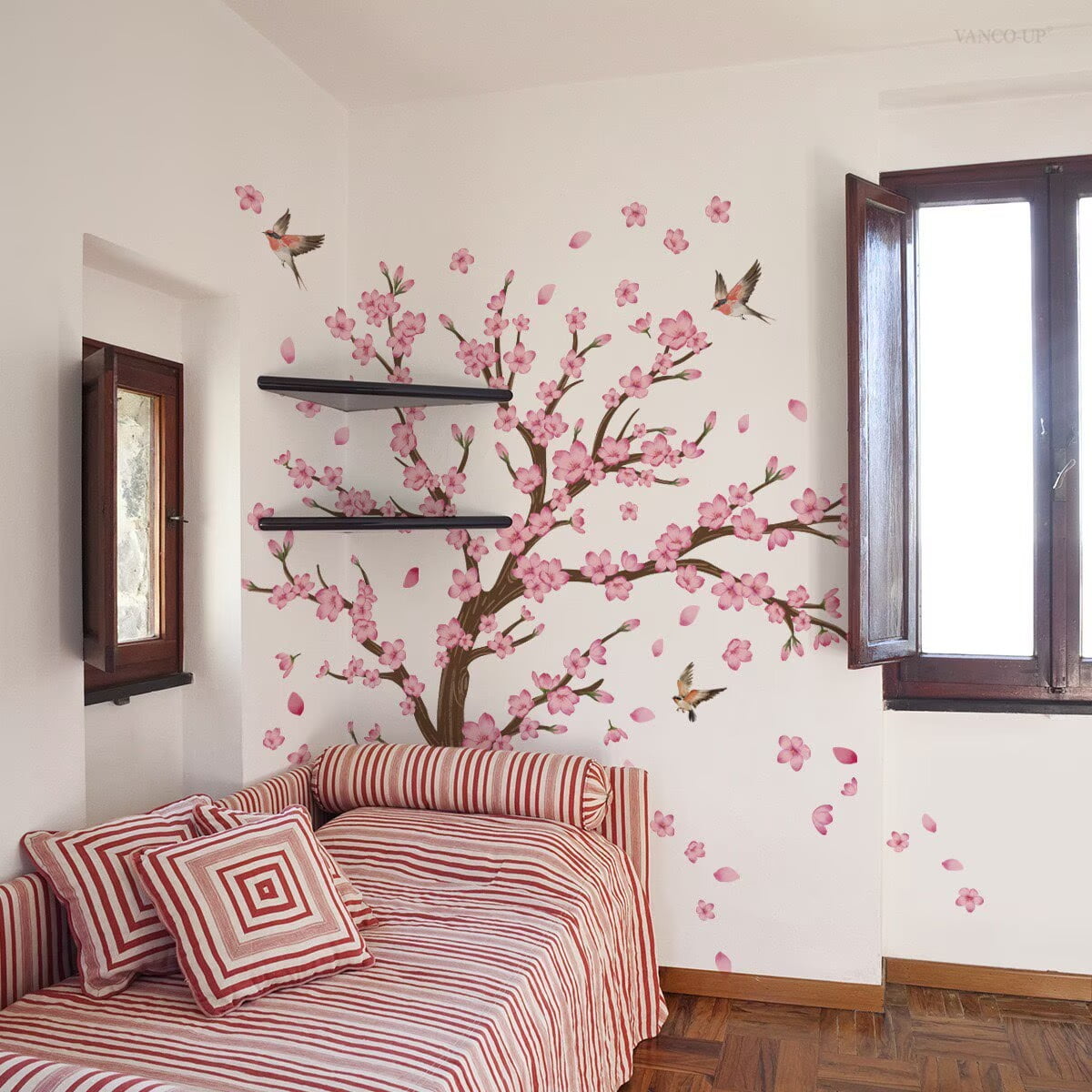 Cherry Blossom Tree Wall Stickers Decals Peel and Stick Removable Wall Stickers for Kids Nursery Bedroom Living Room décor Floral Bird Furniture Art Baby Birch