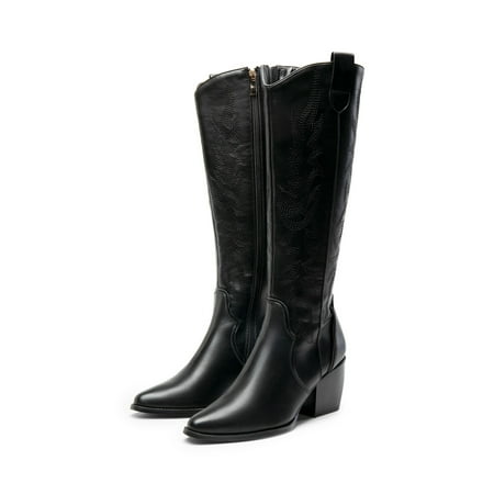 

Dream Pairs Womens Cowboy Boots Chunky Heel Pointed Toe Embroidered Western Cowgirl Knee High Boots Black/Pu Size 9.5