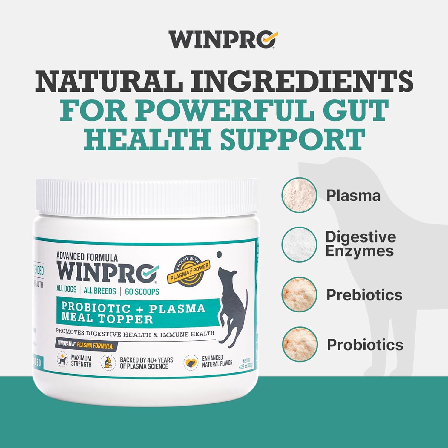 WINPRO Dog Prebiotic + Probiotic Powder Meal Topper, Support for Dog Gut Health, Immunity, and Seasonal Allergies, All Breeds, Ages, and Sizes, Made In The USA, 60 Scoops