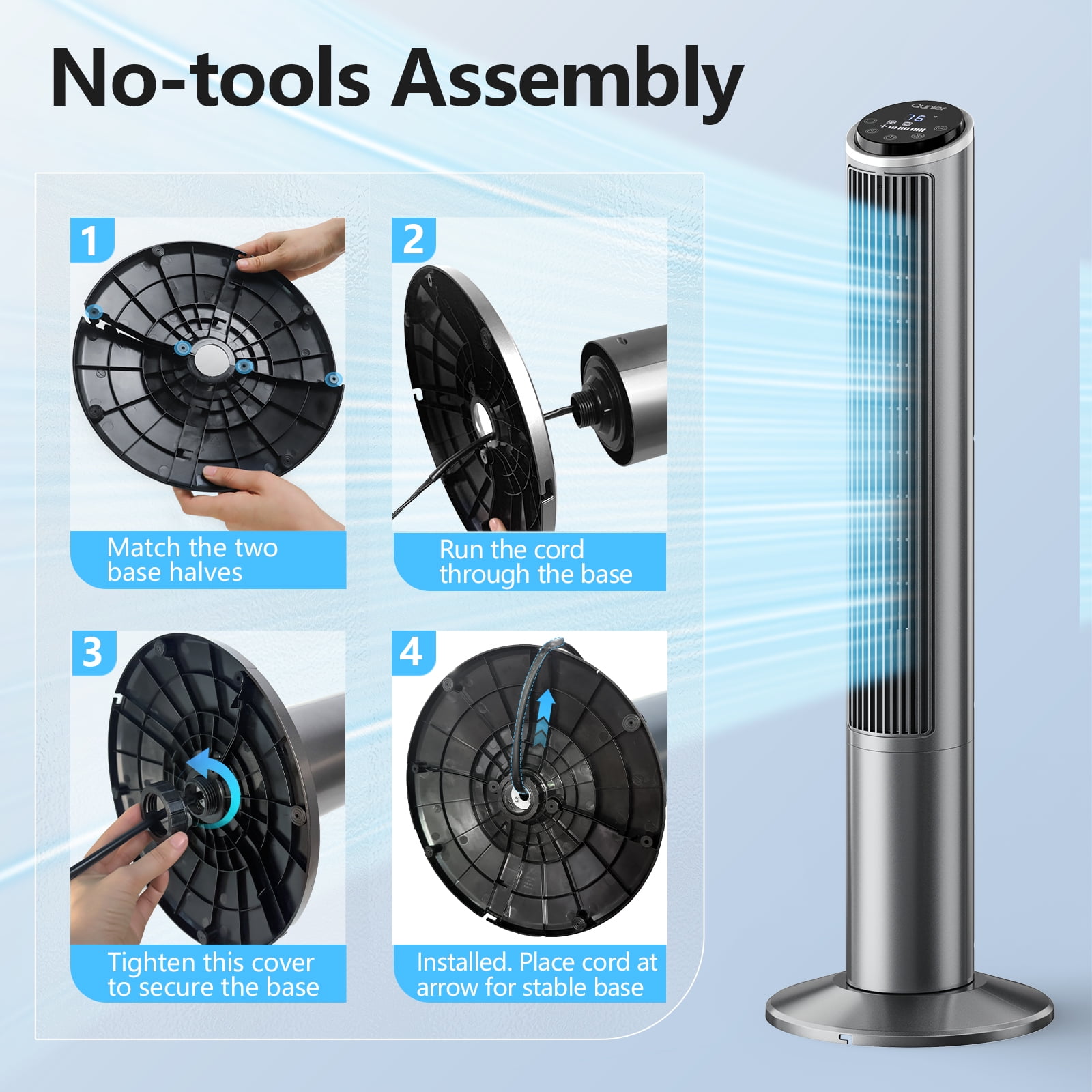 Qunler Tower Fan with Remote, 40" Bladeless Fan for Home, 70° Oscillation, 3 Speeds, 2 Modes, 15H Timer Quiet AC Motor Floor Fan for Bedroom, Office, Gray