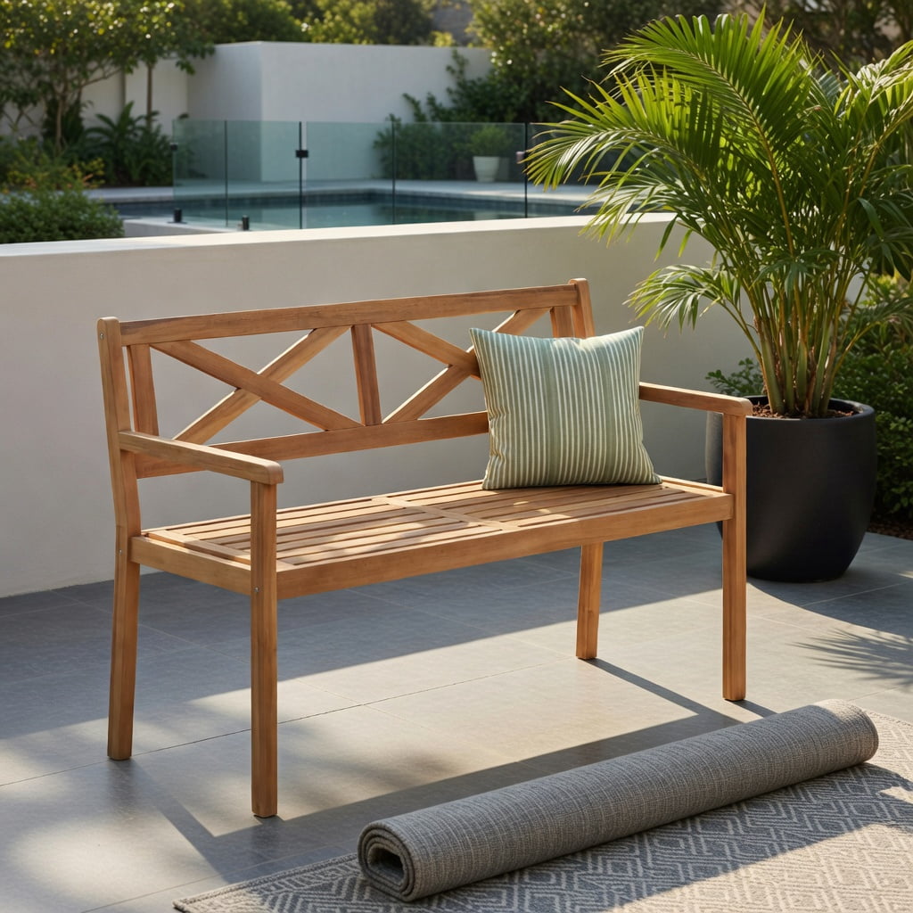 Hommoo 2-Person Acacia Wood Patio Bench with Armrests & Ergonomic Backrest, Teak Outdoor Garden Chair for Deck, Porch, Poolside, Natural