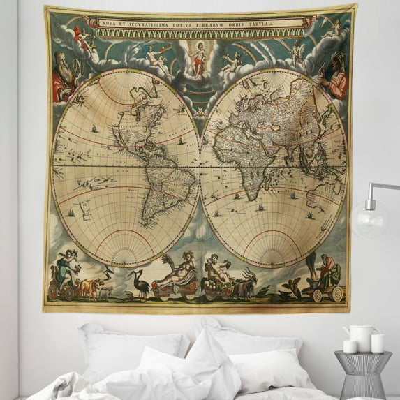 Vintage Tapestry, Dated Old Map of World Historic Geography Theme Antique Grungy Design Print, Fabric Wall Hanging Decor for Bedroom Living Room Dorm, 5 Sizes, Multicolor, by Ambesonne