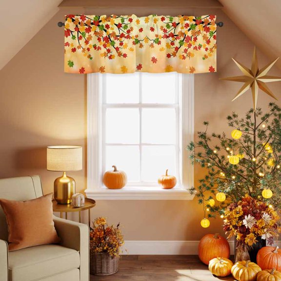 Kitchen Valances for Window, Fall Maple Leaves Tree Light Filtering Rod Pocket Valance Curtain, Orange Gradient Short Curtains Window Topper for Bedroom Bathroom Living Room 42x12in