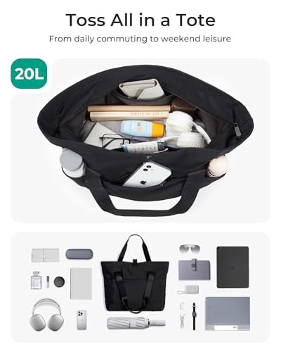 BAGSMART Tote Bag for Women, Foldable Tote Bag With Zipper Travel Large Shoulder Bag Handbag for Work, Black