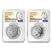 The United States Mint 2023 $1 Morgan and Peace Silver Dollar 2pc Set NGC MS70 ER Morgan & Peace Label Coin