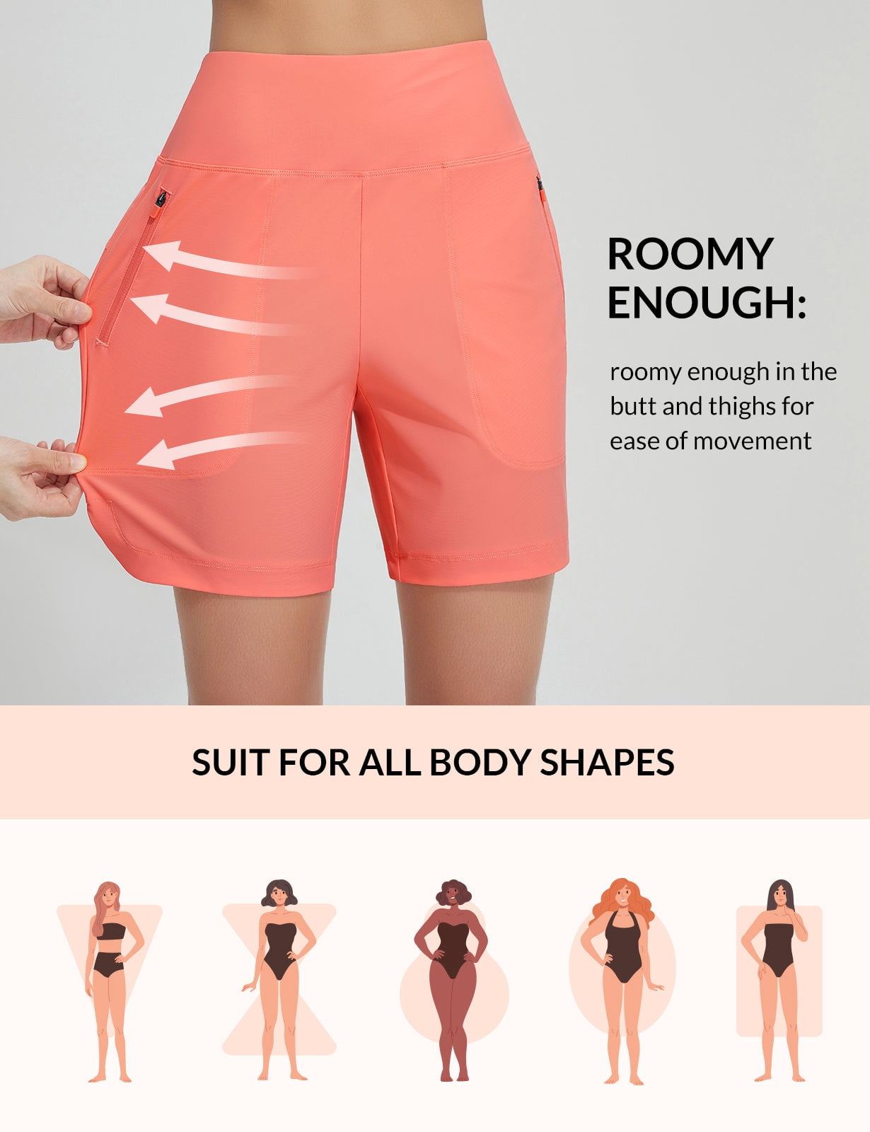 baleaf Women's 7'' Swim Board Shorts with Zipper Pockets High Waisted Tummy Control Long Beach Swimming Shorts UPF 50+ Quick Dry Modest Swimsuits Bottoms Pink XL