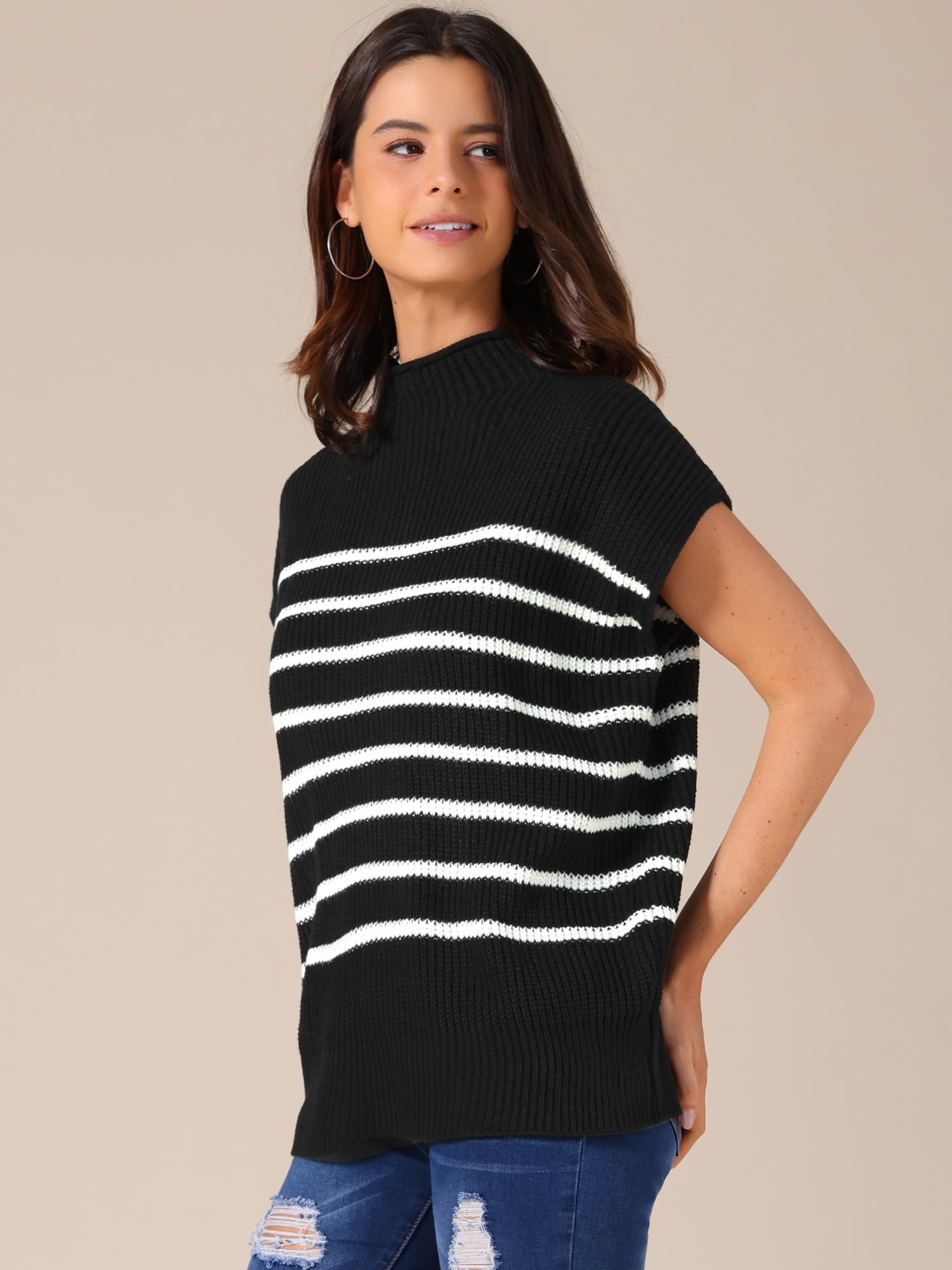 DARING DIVA Women's Mock Neck Striped Cap Sleeve Knit Tops L Black
