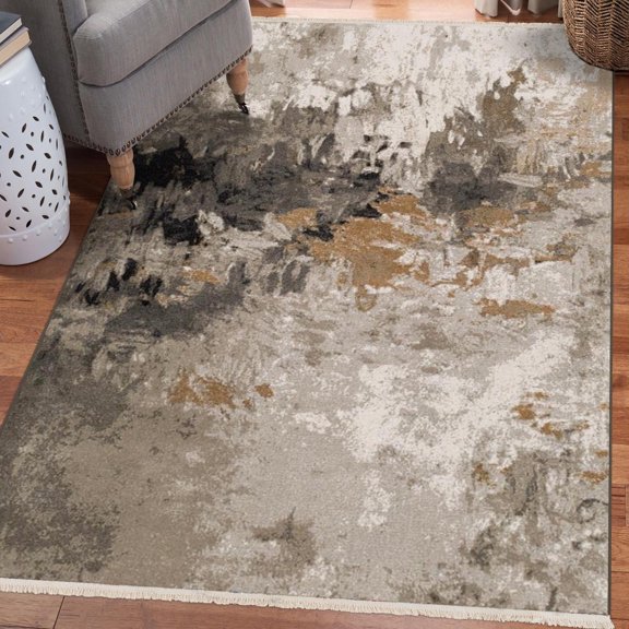 Luxe Weavers Non-Shed Abstract Fringe Area Rug Ivory 8x10, Machine-Made Carpet