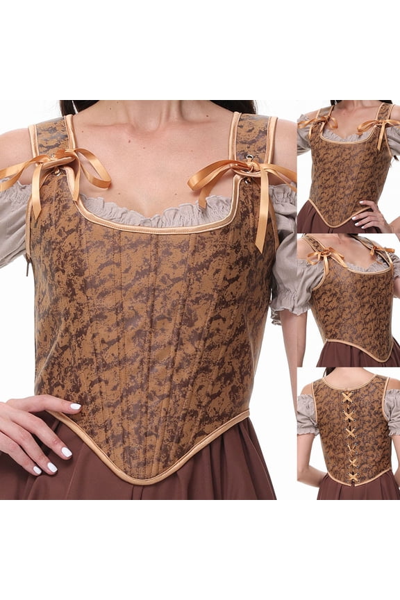Women Bustier Corset Court Vintage Lace Up Body Shaper Adjustable Sleeveless Vests Renaissance Medieval Waist Cincher Coffee XL