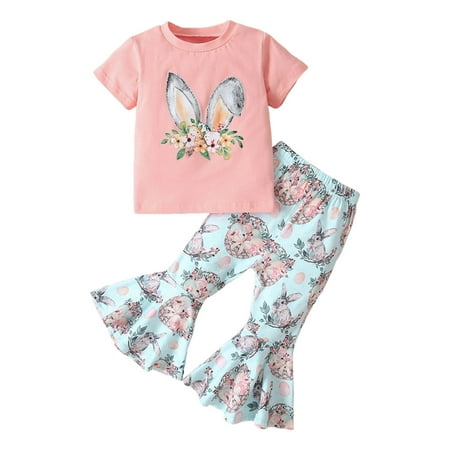 

Baby Toddler Girls Outfit Set Summer Clothes Rabbit Print Crewneck T Shirt Short Sleeve Flare Pants Two Piece Set Casual Going Out For 18-24 Months