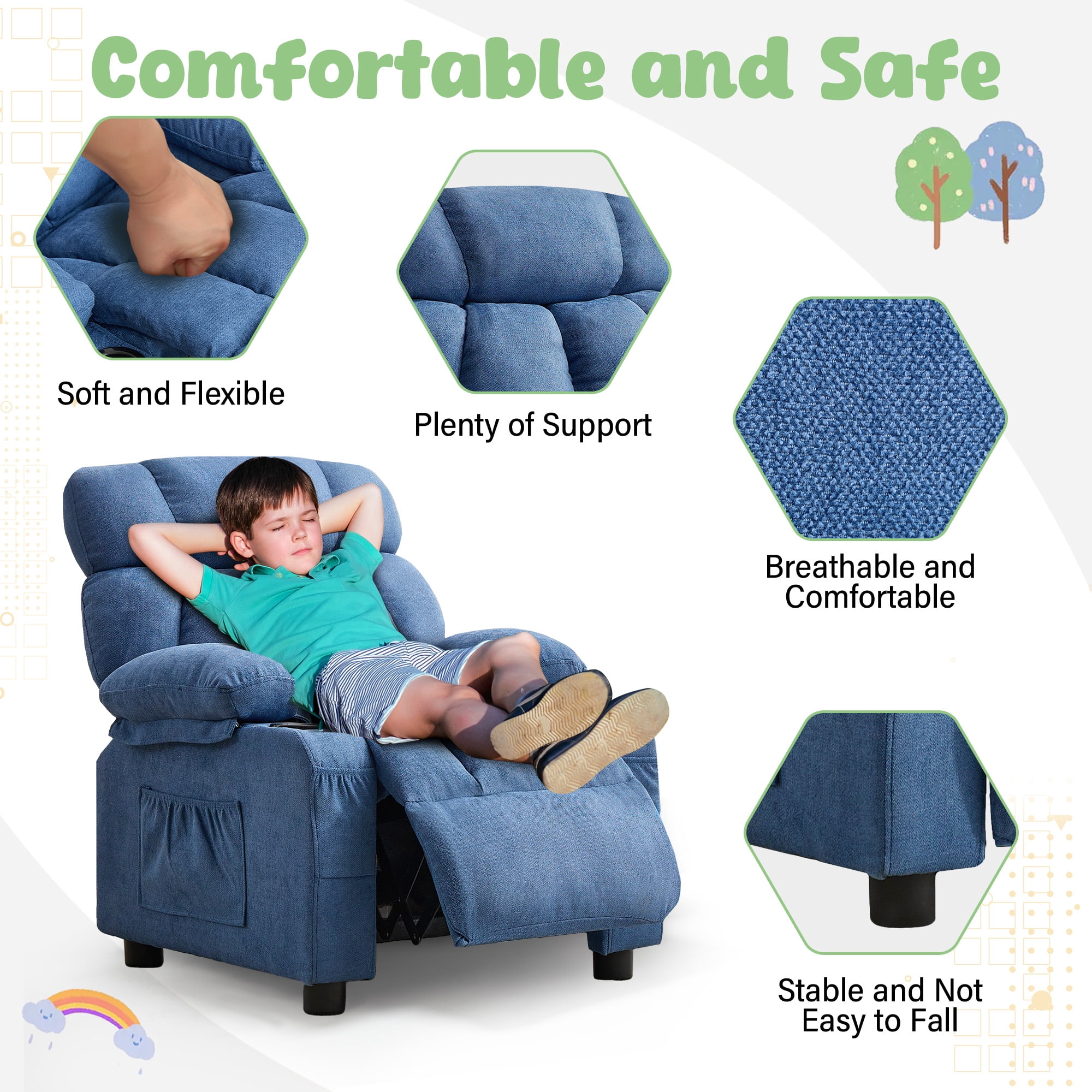 JONPONY Kids Recliner Chair,Push Back Toddler Recliner with Cup Holders & Side Pockets,Adjustable Footrest & Headrest Kids Sofa for Boys Girls 3+ Age Group, Dark Blue