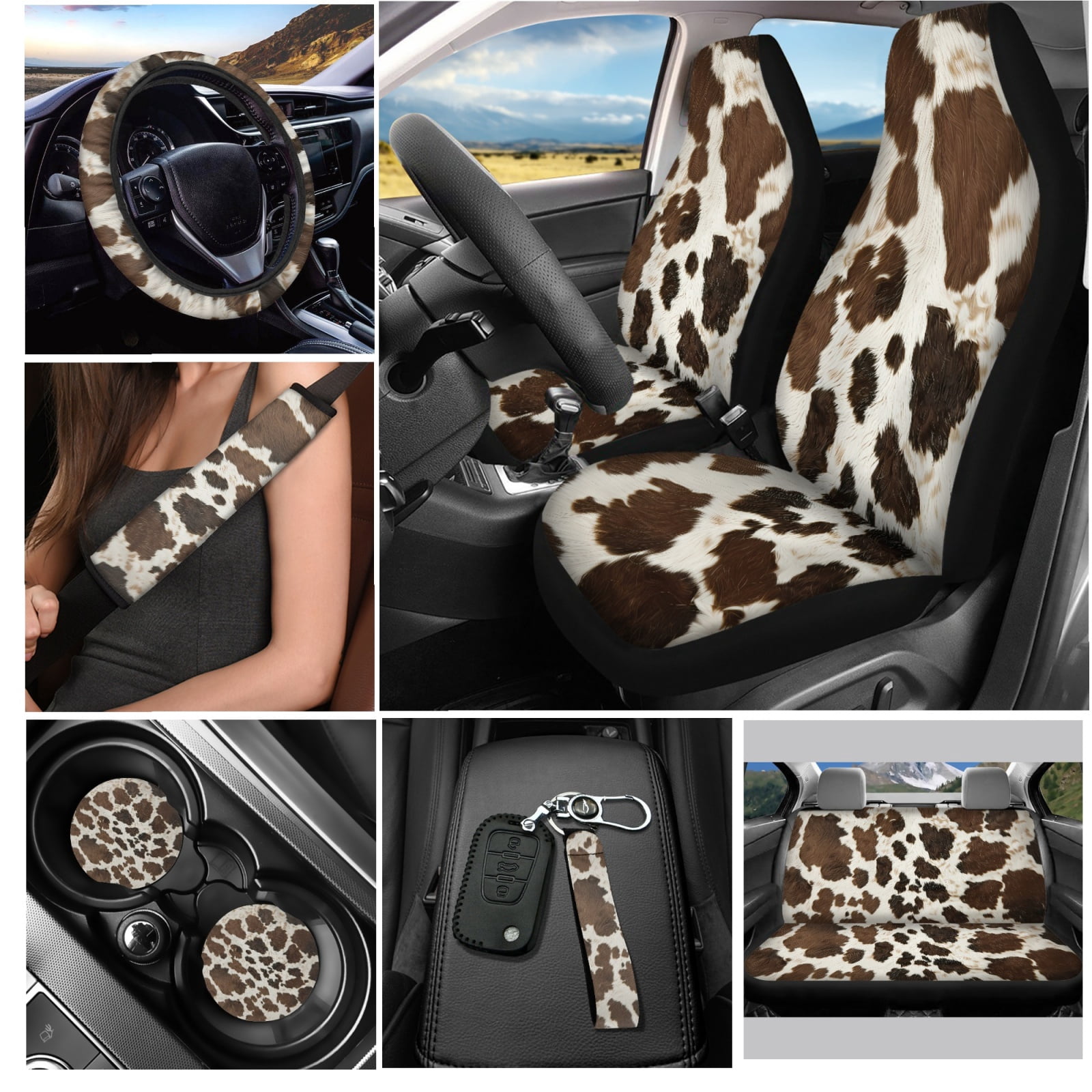 Yuyamidu 12 Pieces Car Seat Covers and Steering Wheel Cover Brown Cow Print Auto Seat Belt Strap Pad Cute Car Coasters Wrist Key Chain Chapstick Holder Keychain