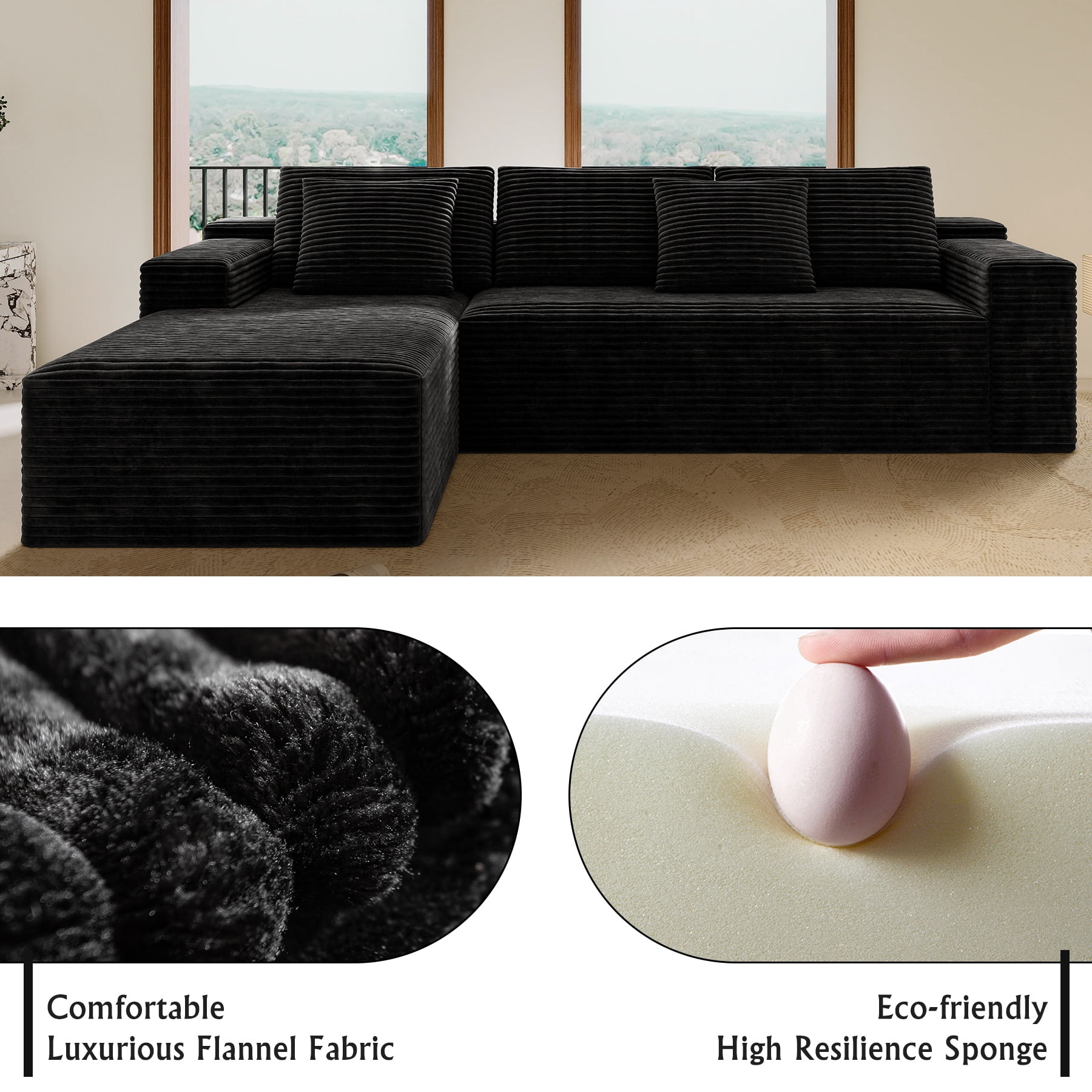 Aukfa 104" Modular Cloud Sectional Sofa with Left-Facing Chaise, Plush Corduroy Upholstered Deep Seat Couch, No Assembly Required for Living Room/Bedroom/Apartment, Black