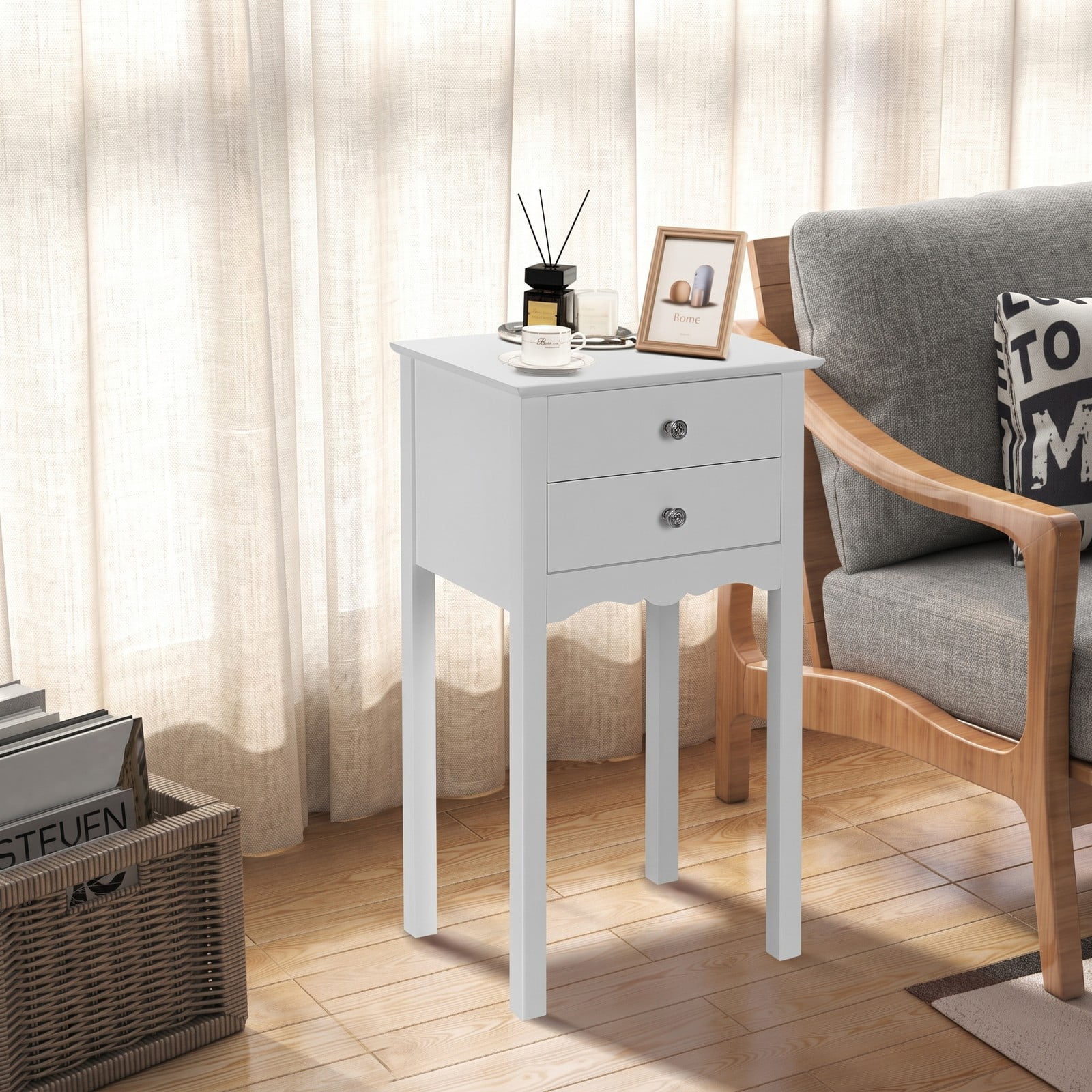 Furnibear 2-Drawer Side Table, Modern MDF End Accent Table with Vintage Metal Handles, High Gloss Nightstand Bedside Storage Table for Living Room Bedroom Dorm, White